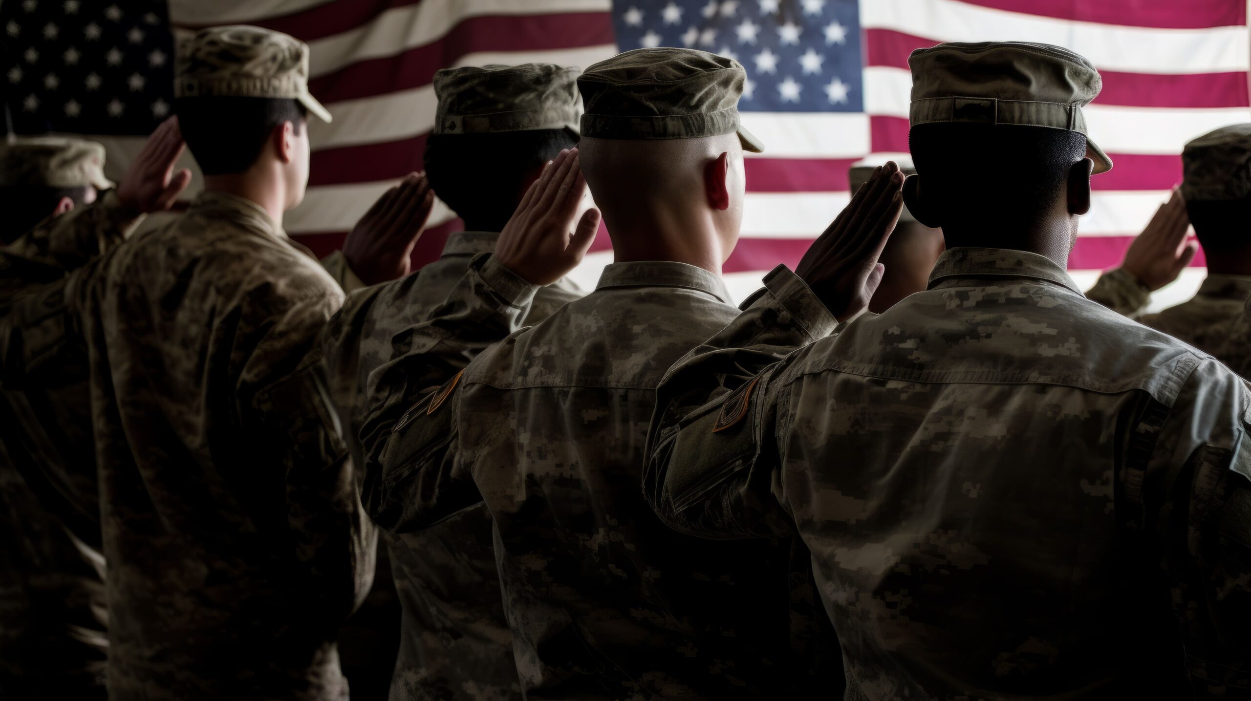 Silouethes of American soldiers saluting their flag Veterans day