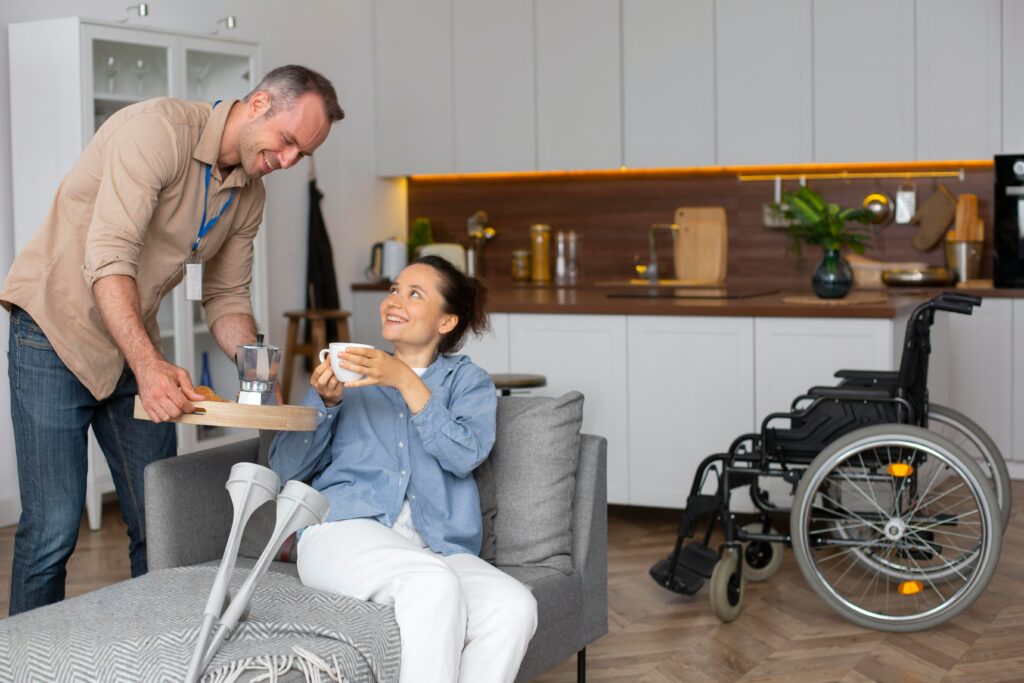 A man assisting a disabled woman, representing how a California plaintiff’s testimony on disability can impact Supplemental Security Income (SSI).
