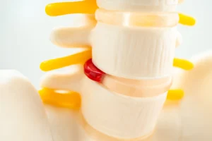 A model of the human spine with a red dot, indicating a herniated disc, relevant for discussions on disability eligibility.