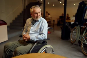 An elderly man in a wheelchair is seated in a room, contemplating social security disability regulations for those over 50.