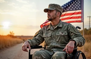 A soldier in a wheelchair proudly displays an American flag, symbolizing resilience and honor among disabled veterans. SSDI Attorney for Veterans in Ccalifornia.